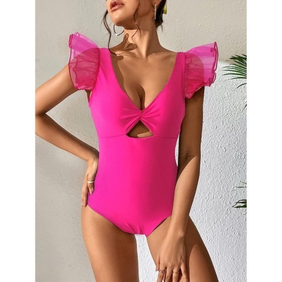 Women One Piece Organza‎ Ruffle Twisted Front Swimsuit - Picture 2 of 6